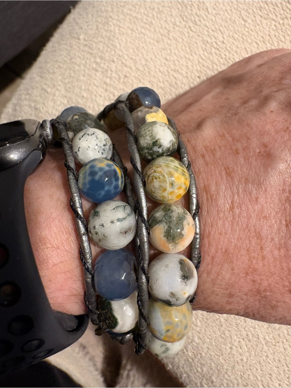 Handmade Blue, Green & Yellow Stone Beaded Wrap Bracelet